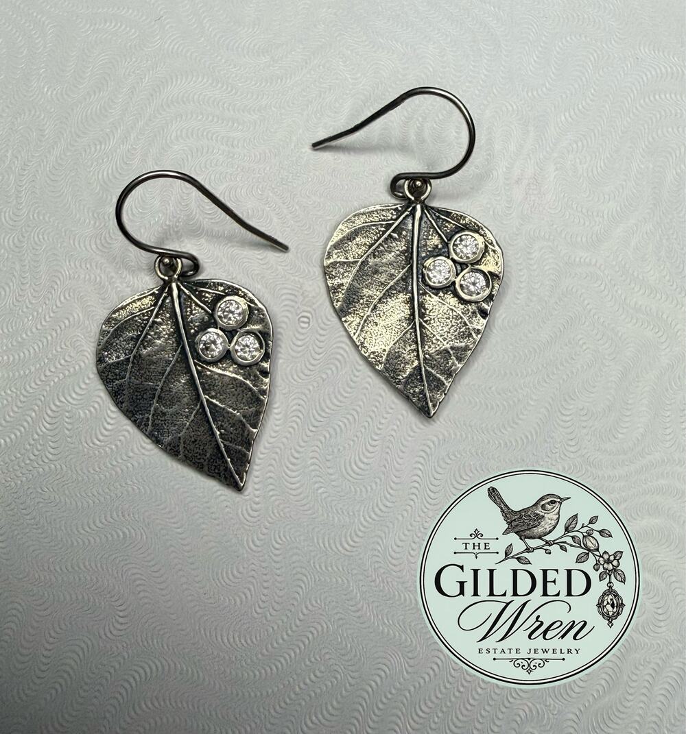 Israel 925 Sterling Silver CZ Leaf Dangle Earrings Artisan 6.14g